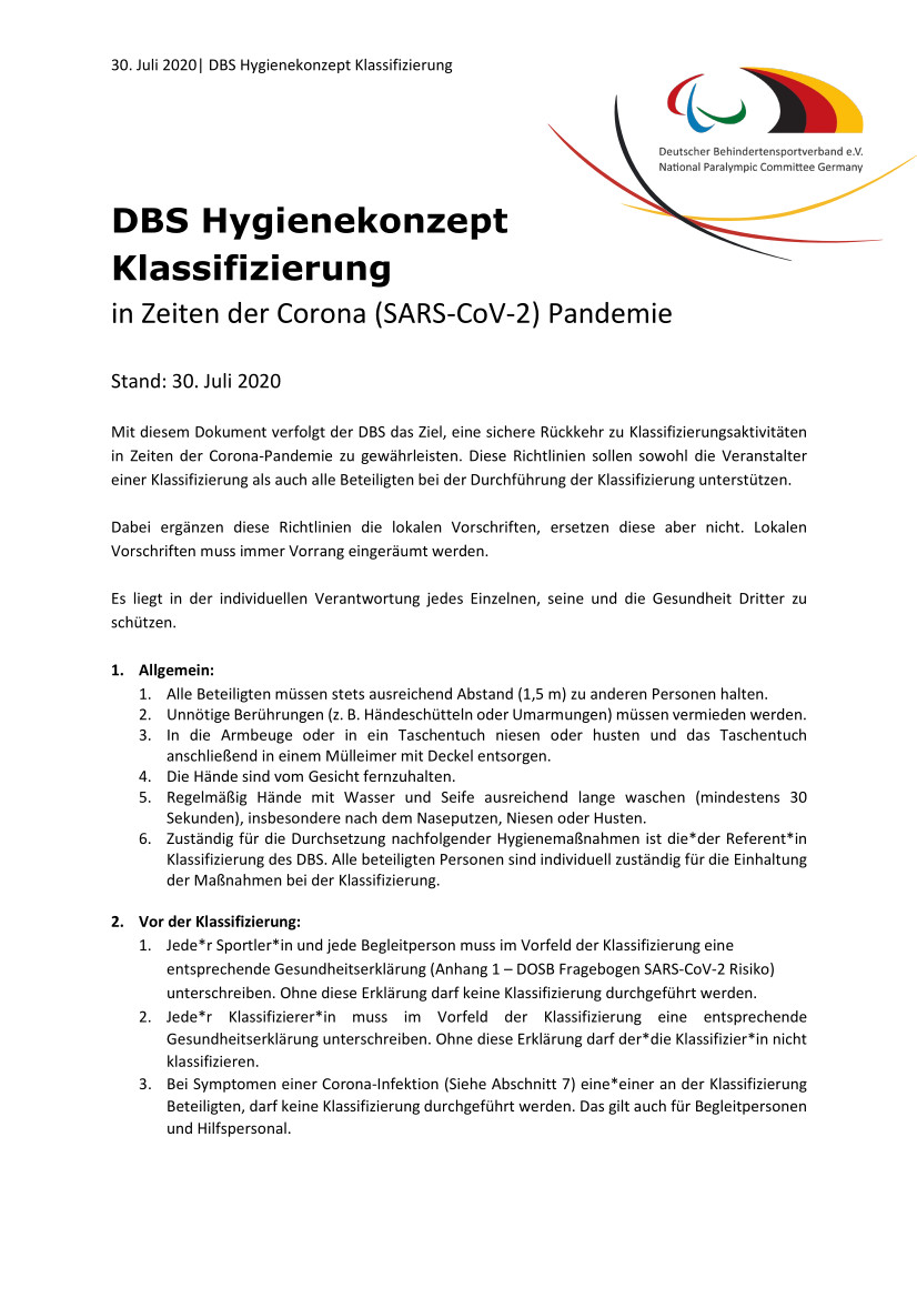 Erste Seite der PDF-Datei: DBS Hygienekonzept Klassifizierung