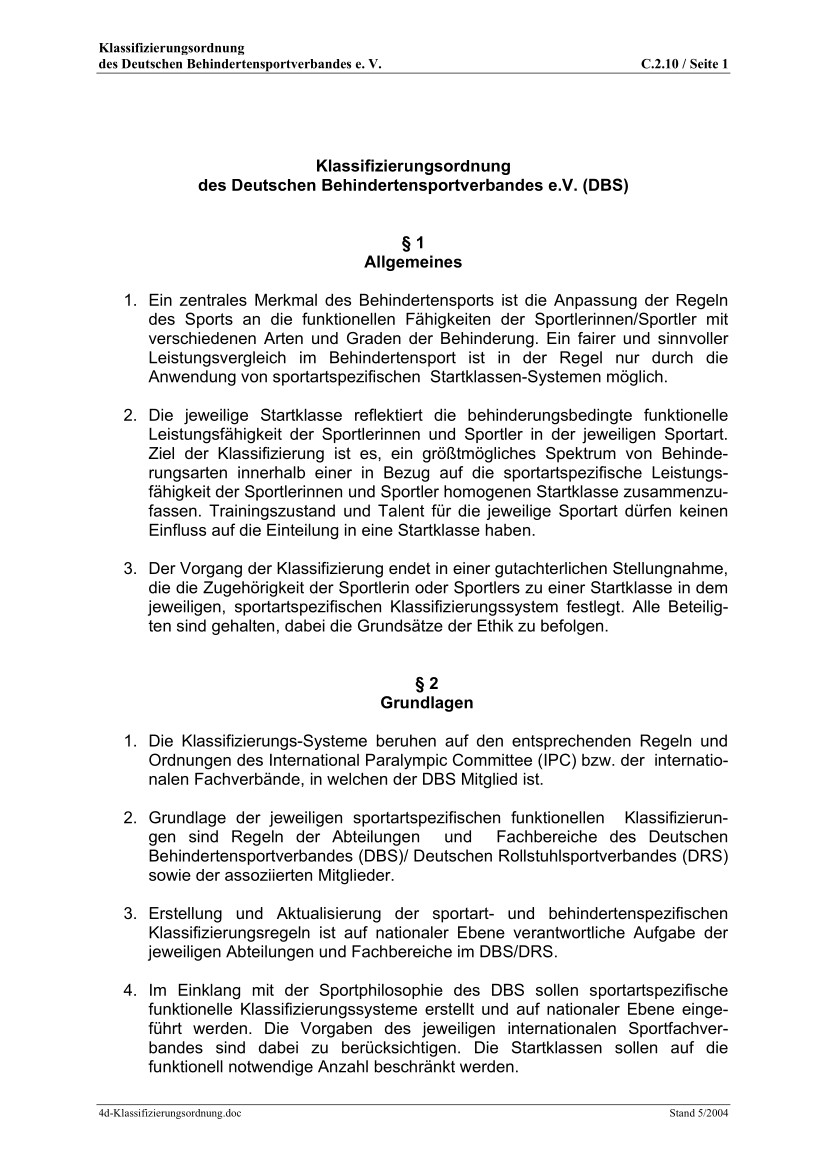 Erste Seite der PDF-Datei: Klassifizierungsordnung DBS