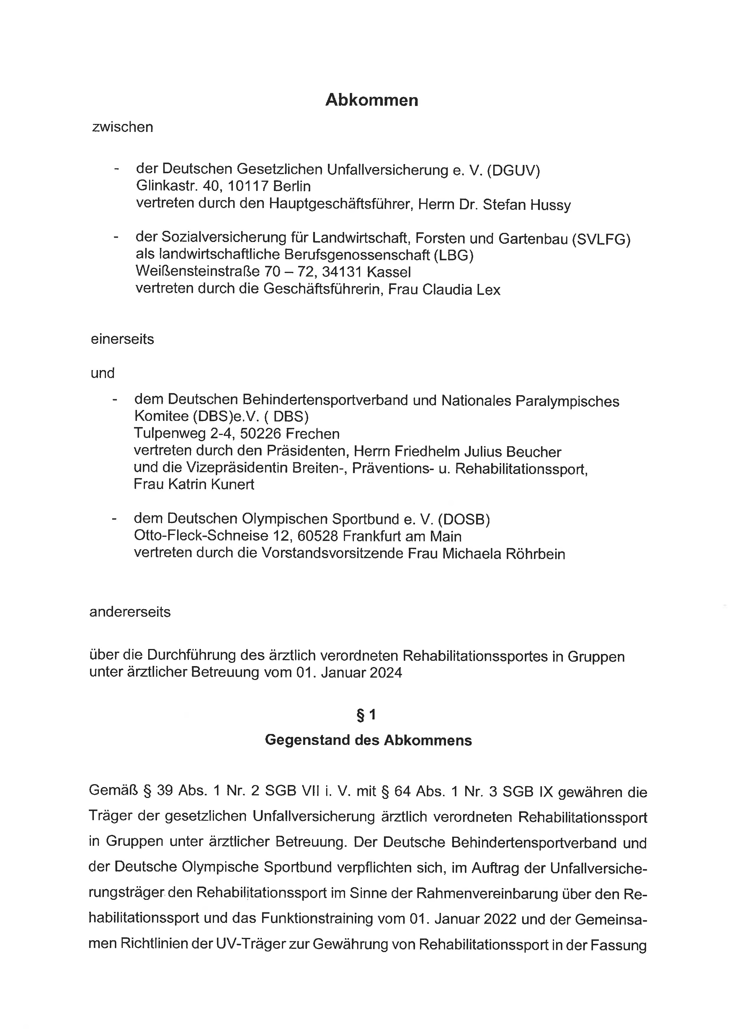 Erste Seite der PDF-Datei: Abkommen Rehasport DBS-DOSB-DGUV-SVLFG 2024