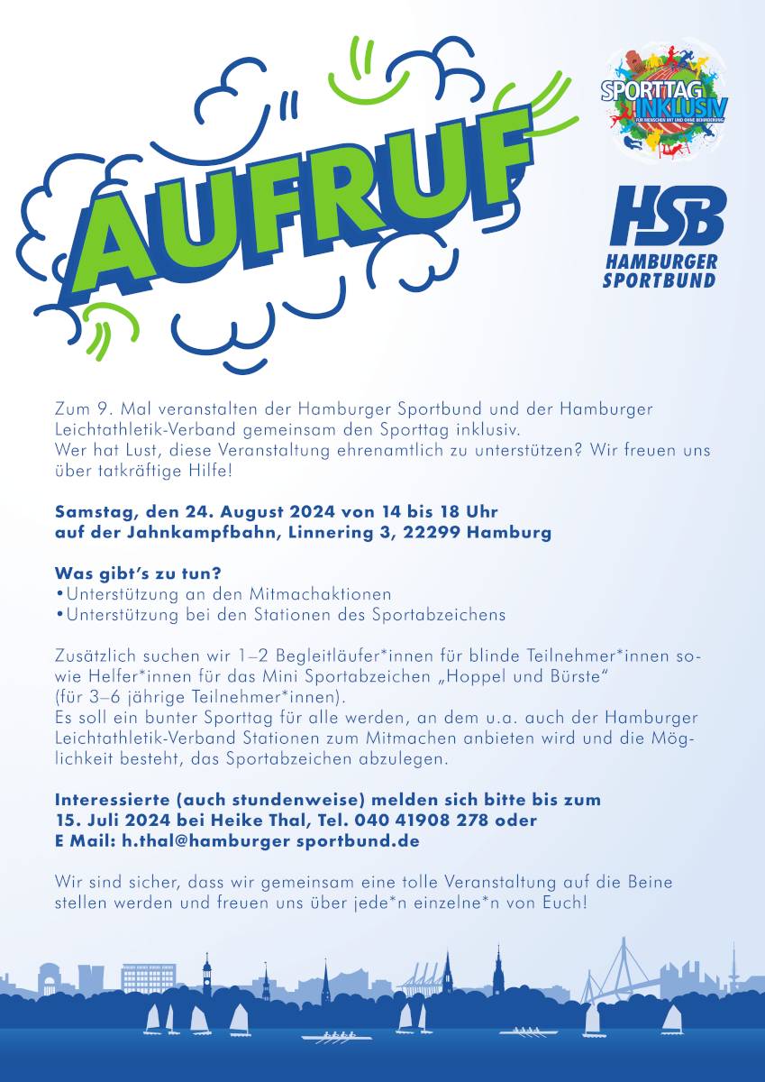 Ein BUnter Schriftzug mit dem Wort "AUFRUF" und den Logos des "HSB" und des "Sporttag inklusiv"
