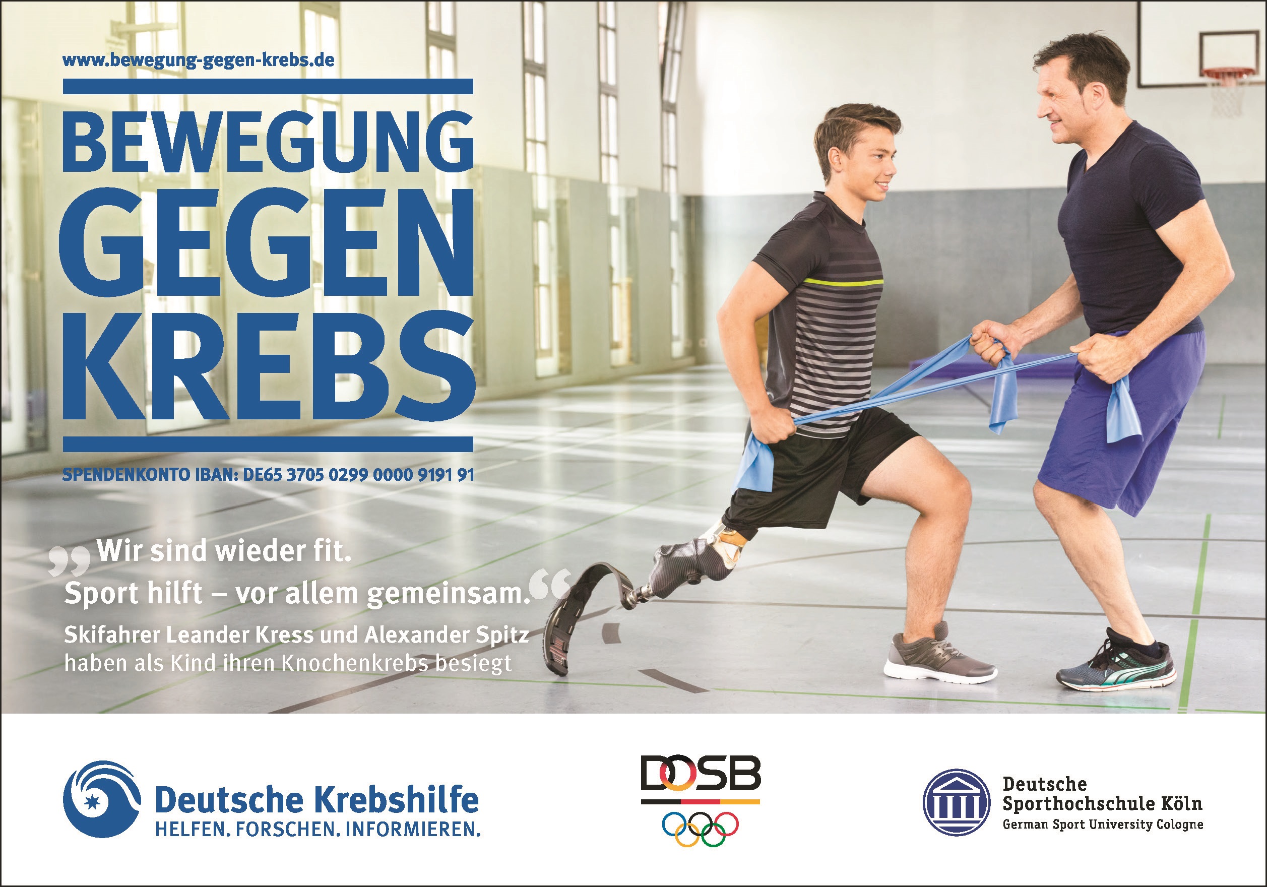 Zwei Männer mit jeweils nur einem Bein machen gemeinsam eine Sportübung | Plakat der Kapagne 'Bewegung gegen Krebs'
