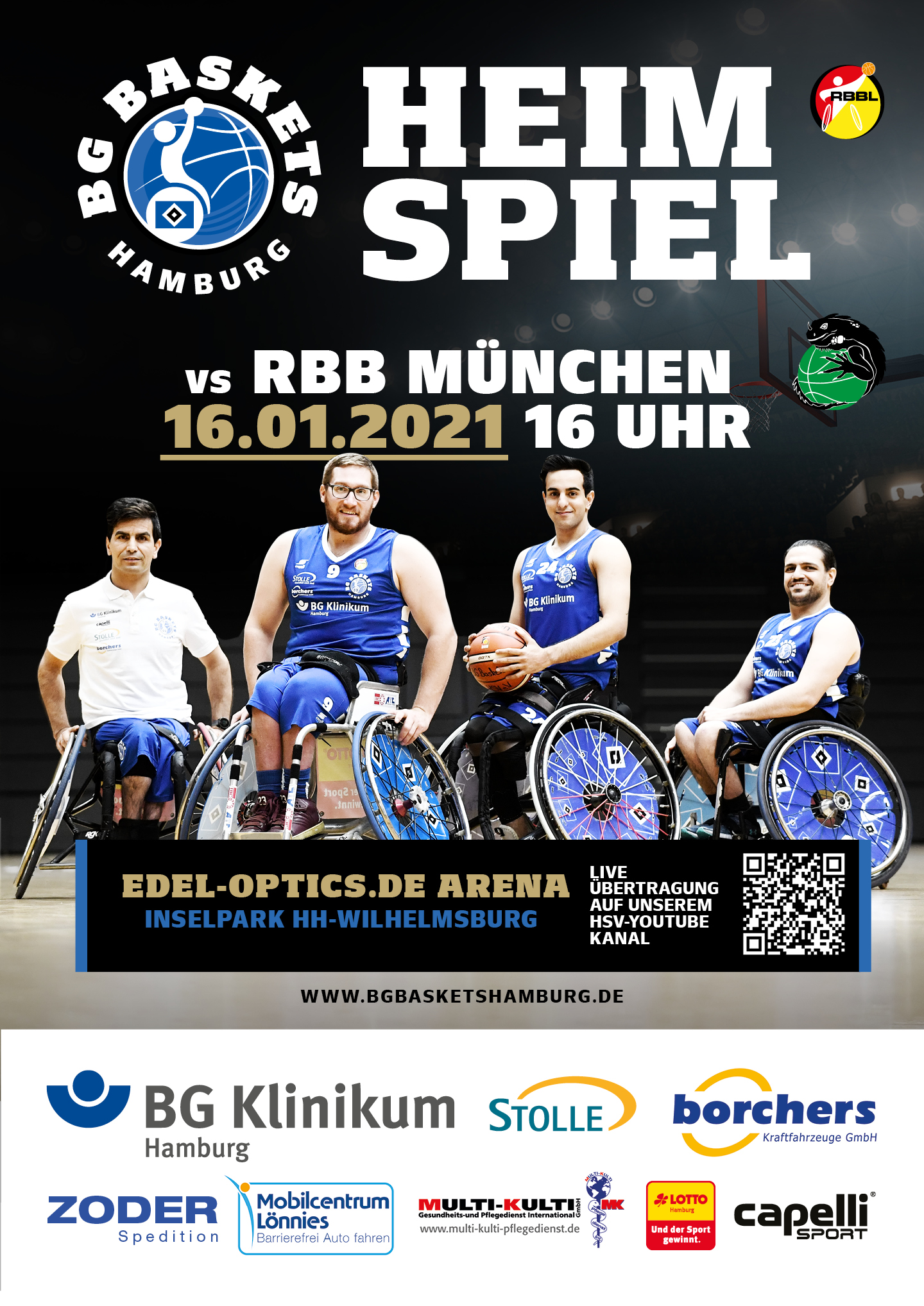 Plakat der BG-Baskets zum ersten Heimspiel am 16.01.2021